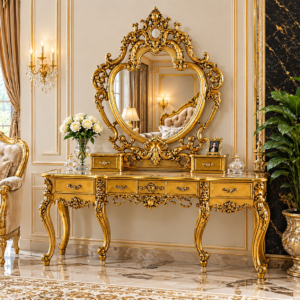 Royal Gold Carved Dressing Table with Mirror
