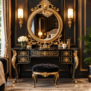 Luxury Black & Gold Neoclassical Vanity Dressing Table