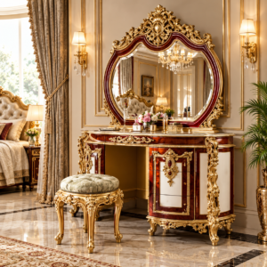 Royal Baroque Carved Dressing Table with Ornate Mirror