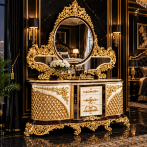 Royal Versailles Gold Carved Dresser with Oval Mirror