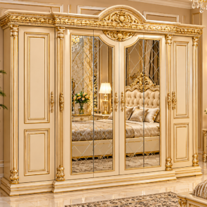 Royal Imperial Cream & Gold Carved 4 Door Mirror Wardrobe