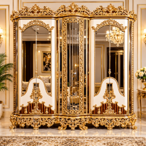 Royal Imperial Gold Carved Luxury Wooden Wardrobe with Mirror