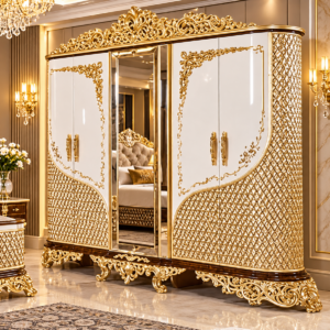 Royal Imperial White & Gold Luxury Carved Wooden Wardrobe with Mirror