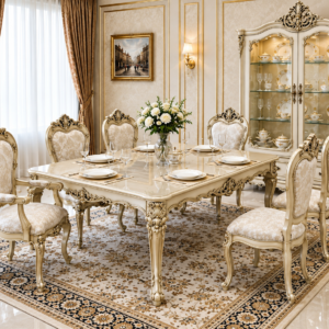 Royal Baroque Carved Dining Table Set with 6 Chairs